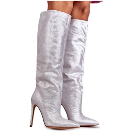 Divatos ezüst magassarkú csizma cirkóniával