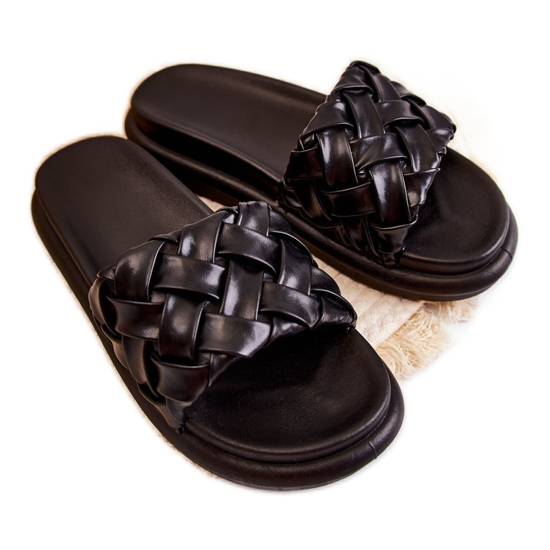 Női bőr fonott papucs fekete Ravella