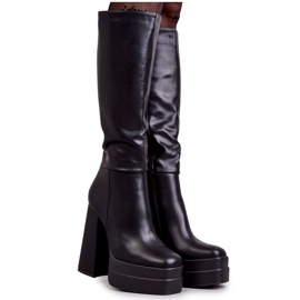 WS1 Divatos Eco-bőr csizma vaskos sarkú fekete Meggie