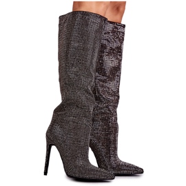 FS1 Divatos fekete csizma magas sarkon Cubic Zirconia Lovisával ezüst