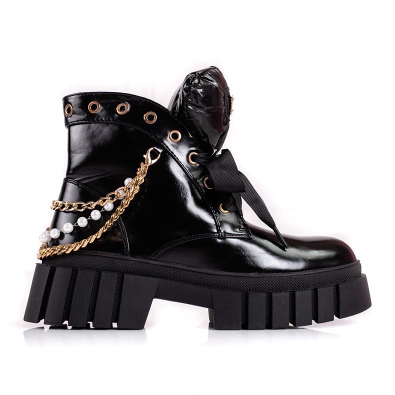 Lakkozott női csizma Shelovet díszítéssel fekete