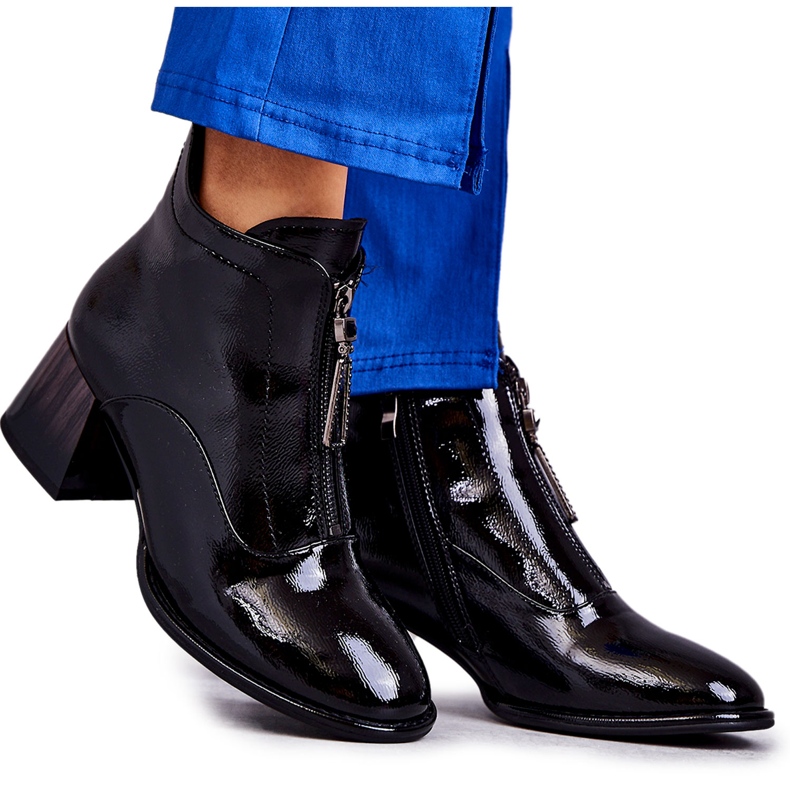 S.Barski Női lakkbőr bokacsizma cipzárral, fekete