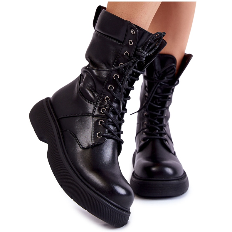 Női bőrcsizma Fűzős csizma Fekete Passione