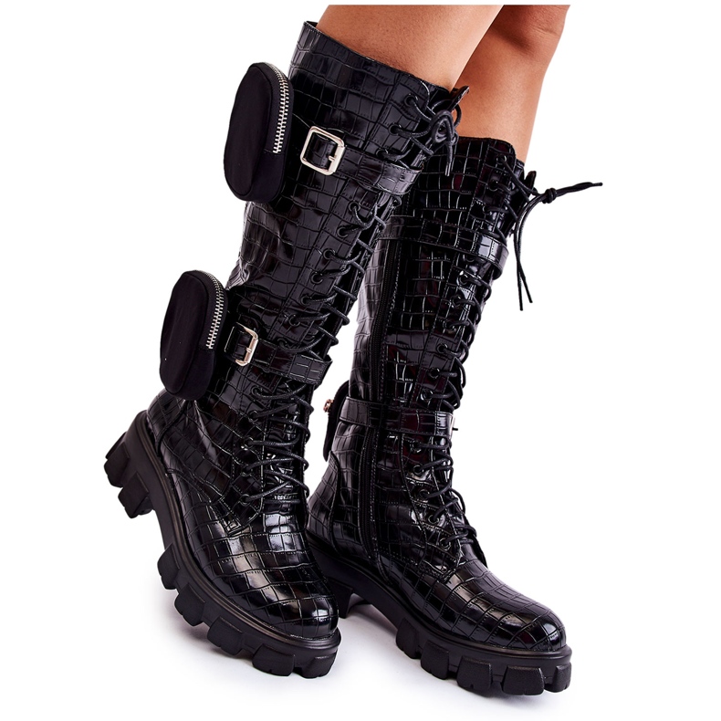 Joia Női csizma Csapdafogók táskákkal Fekete állatmintás katonai