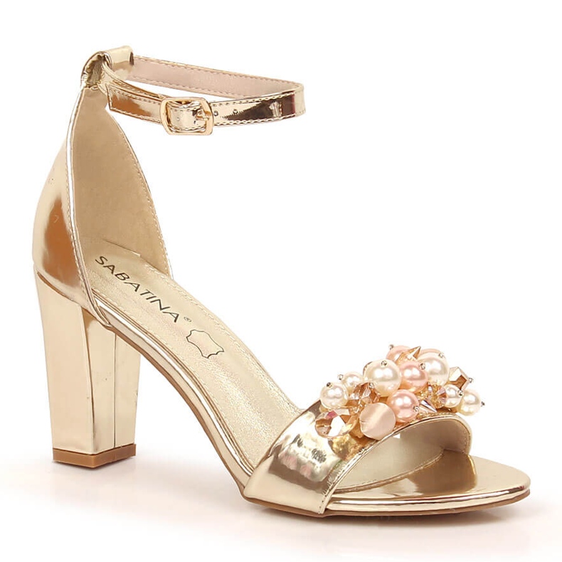 Női szandál tüköroszlopon, arany gyöngyökkel Sabatina B185-2 aranysárga