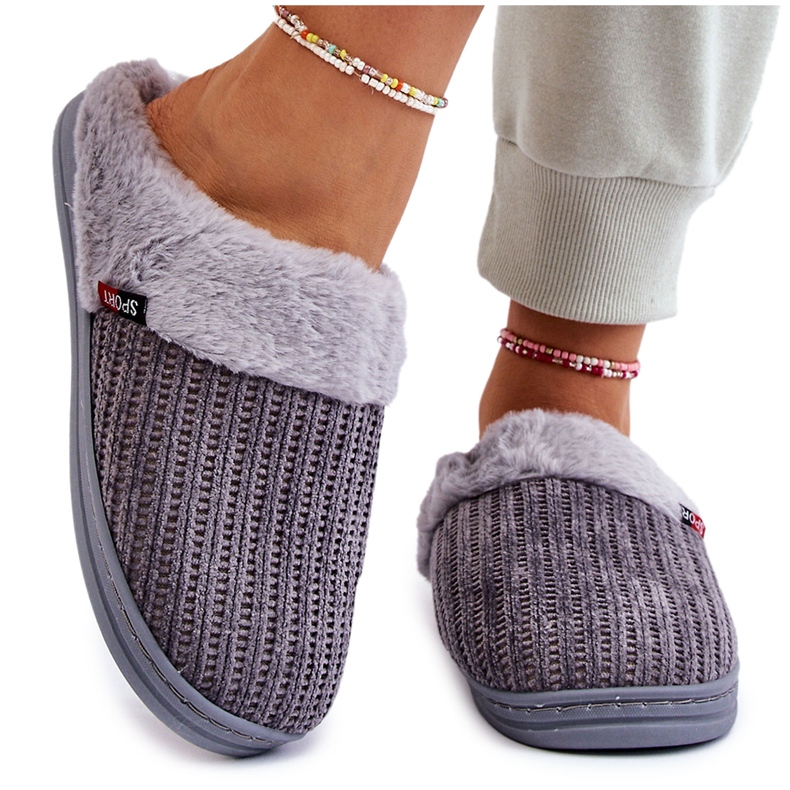 Női szigetelt felcsúsztatható papucs szőrmével, szürke Leriss