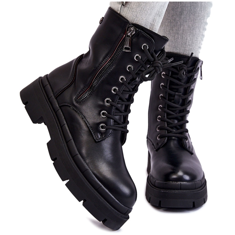 PG1 Női bőr fűzős Trapper csizma fekete Shanna