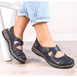 Bőr kényelmes női szandál tépőzárral sötétkék Rieker 46377-14