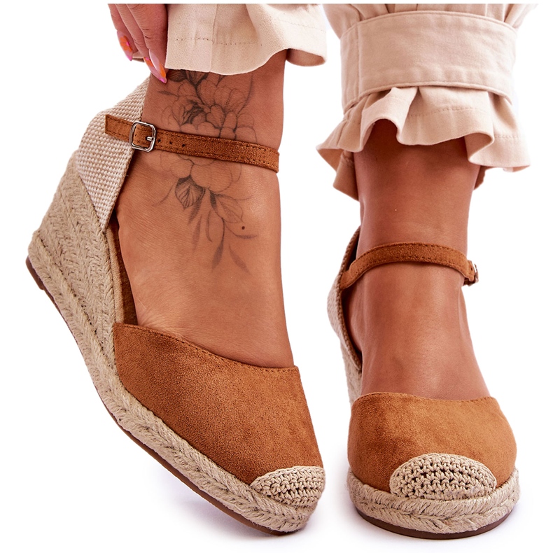 Camel Cammer Suede Espadrilles Wedge szandál barna