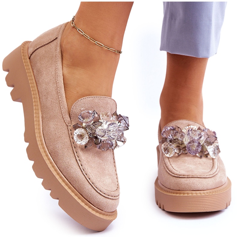 Vinceza Divatos velúr mokaszinok bézs Demeris kristályokkal