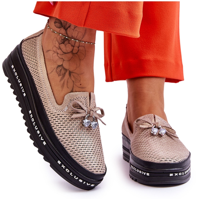 S.Barski Fényes arany Raven női felbújós bőr tornacipő aranysárga