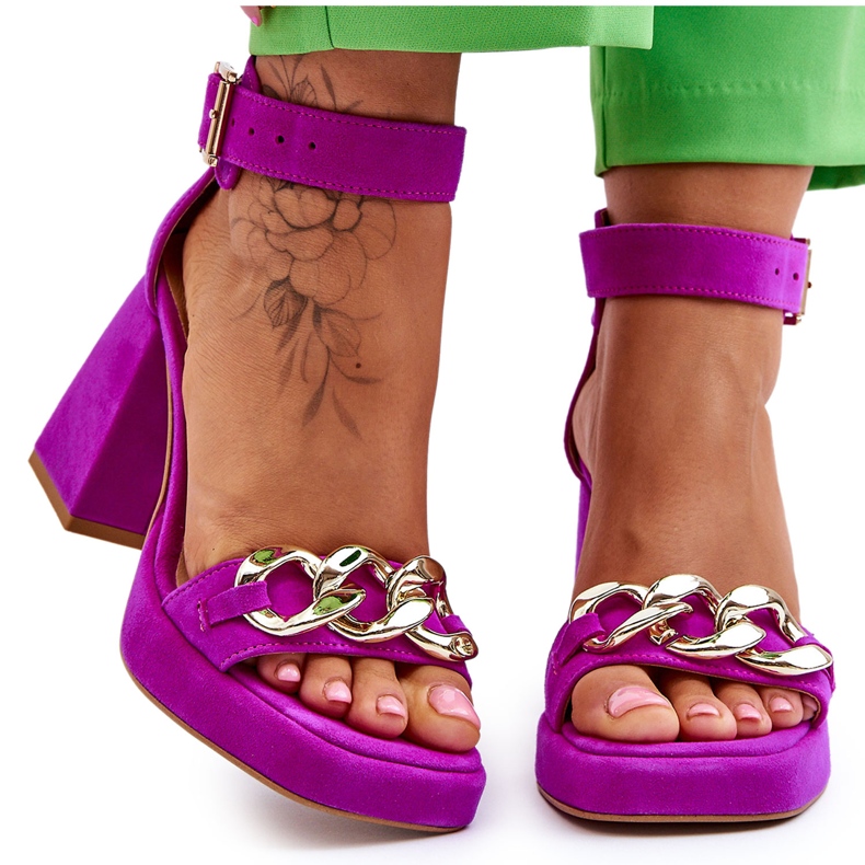 Lewski Shoes Női velúr szandál masszív sarkú Leski cipő 3207 fukszia rózsaszín