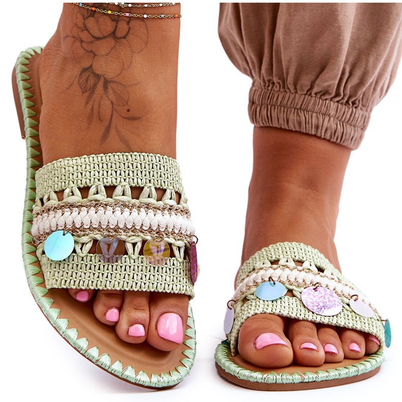 PS1 Női fonott, díszített papucs, zöld Millano