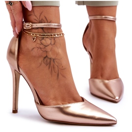 PG1 Magas sarkú pumpák hegyes orrú Rose Gold tükröződéssel rózsaszín