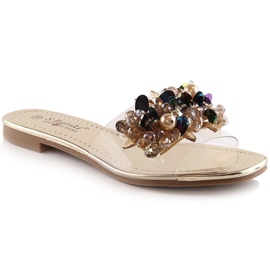 Kényelmes női átlátszó papucs arany gyöngyökkel S.Barski Kv 576-3 aranysárga