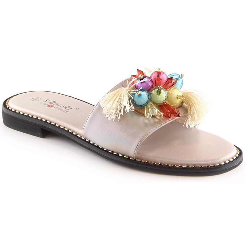 Női kényelmes bézs lapos szandál gyöngyökkel S.Barski Kv 2775-47