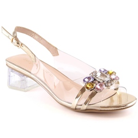Átlátszó szandál alacsony sarkon, arany kristályokkal Sergio Leone SK047 aranysárga