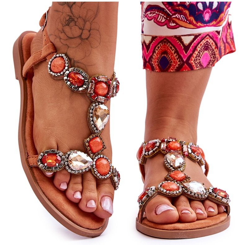 Narancssárga Dallas Velúr Lapos Szandál Kövekkel