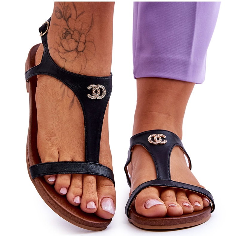 Lapos szandál díszítéssel S.Barski KV-5541-45 Fekete