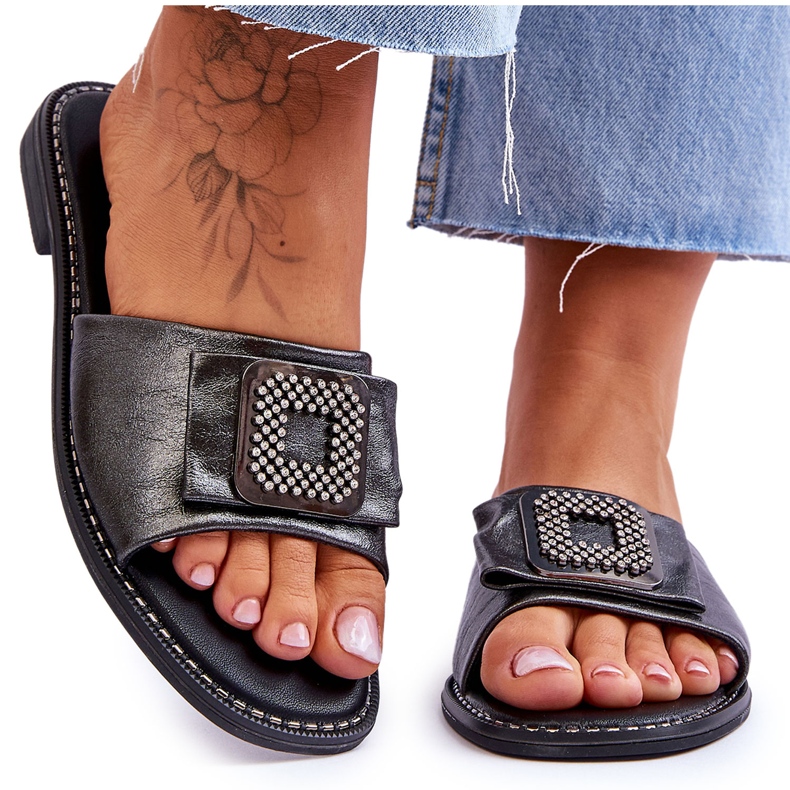 Női bőr papucs strasszokkal S.Barski KV-2775-33 Sötétezüst