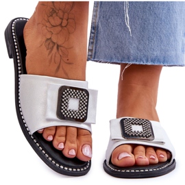 Női bőr papucs strasszokkal S.Barski KV-2775-33 ezüst