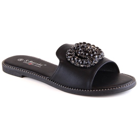 Női lapos kényelmes papucs cirkóniákkal fekete S.Barski Kv 520-30