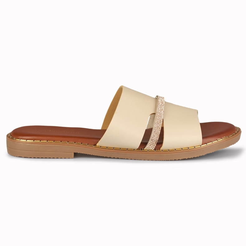 Elegáns bézs színű női papucs díszítéssel