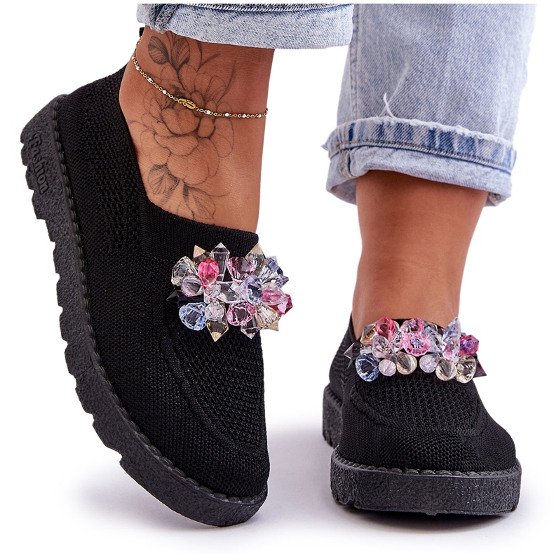 PM1 Női slip-on tornacipő kövekkel, fekete egyszerű