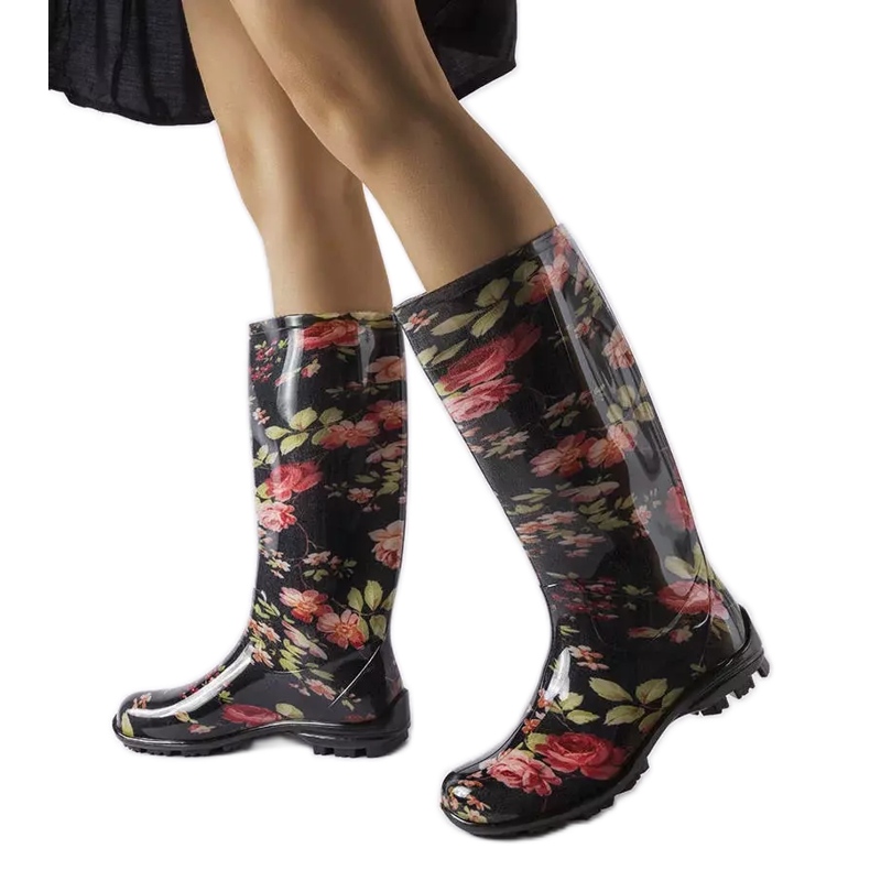 Fekete magas csizma Pimen rózsákkal fehér