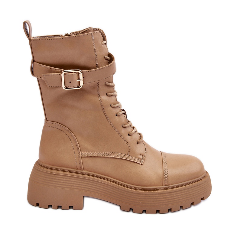 Bőr munkáscsizma lapos sarkon csattal, bézs Samivlo