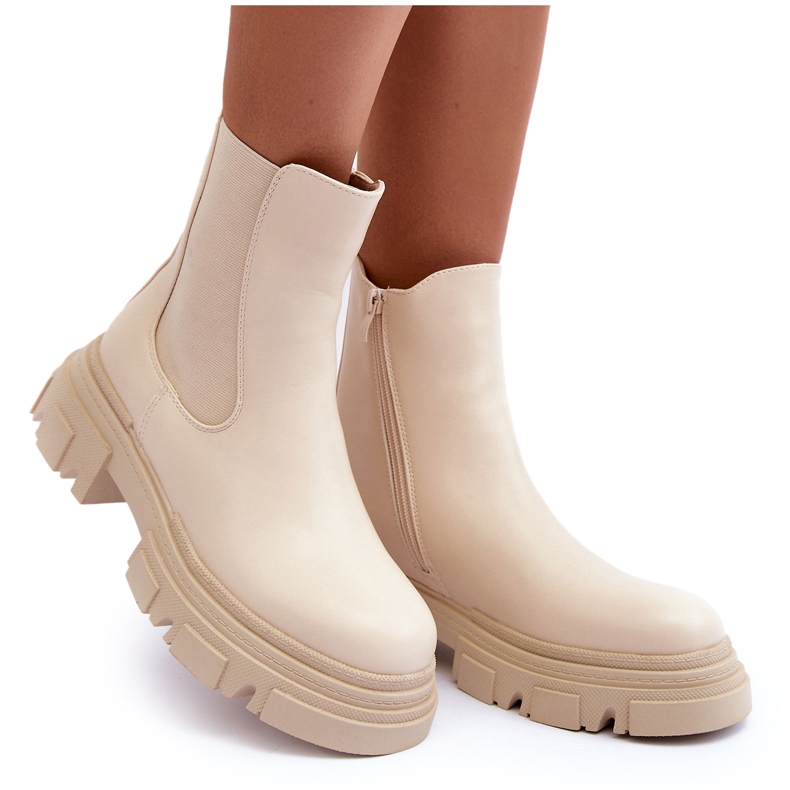 Bőr Chelsea csizma lapos sarkú és platform, világos bézs Solita