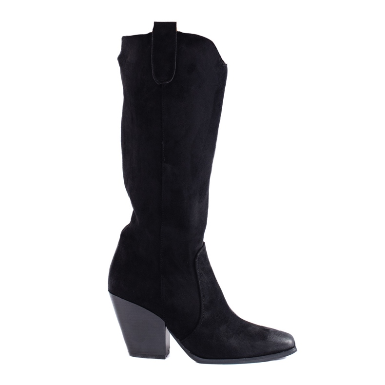 Shelovet női fekete velúr magas sarkú cowboy csizma