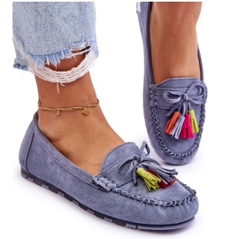 Kék velúr mokaszin masnival és rojtokkal