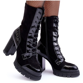 Fűzős bőr bokacsizma masszív magas sarkon, Black Khariah fekete