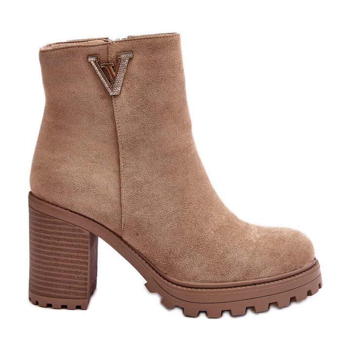 WJ2 Női velúr magas sarkú bokacsizma díszítéssel, bézs erős