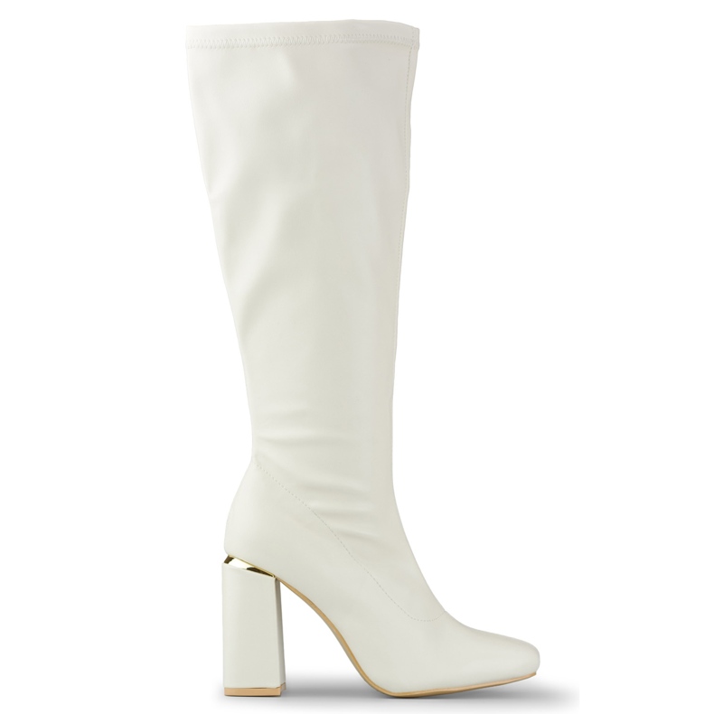 Bézs színű, magas sarkú eco-bőr csizma