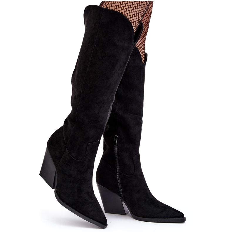 Divatos Delia fekete velúr cowboy csizma