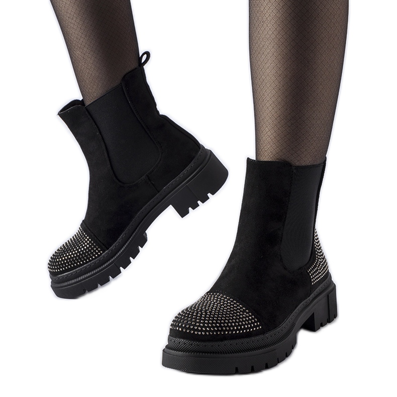 Fekete bokacsizma öko-velúr Grinzane cirkóniákkal