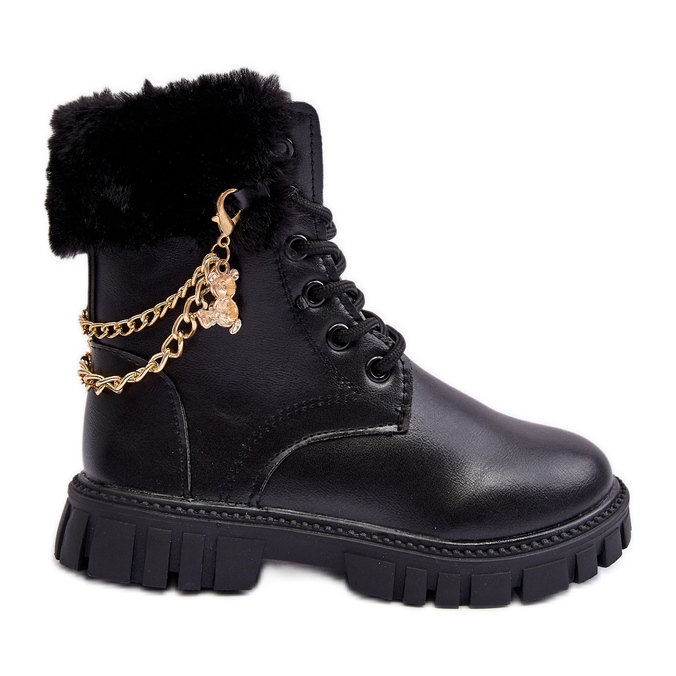 Bőr meleg gyerek bokacsizma lánccal, Black Cadia fekete