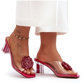 Átlátszó papucsok magas sarkon fukszia díszítéssel S.Barski MR1037-20 rózsaszín Átlátszó papucsok magas sarkon fukszia díszítéssel S.Barski MR1037-20 rózsaszín