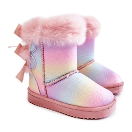 Gyermekszigetelt csizma íjakkal, multi -colored hócsizmák rózsaszín
