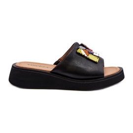 Vinceza Női bőr papucsok díszítéssel, fekete Asames
