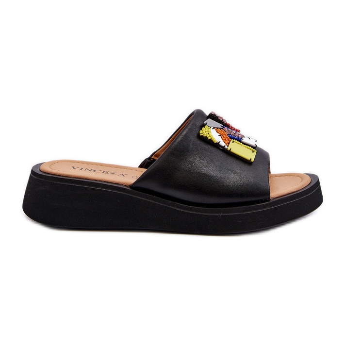 Vinceza Női bőr papucsok díszítéssel, fekete Asames