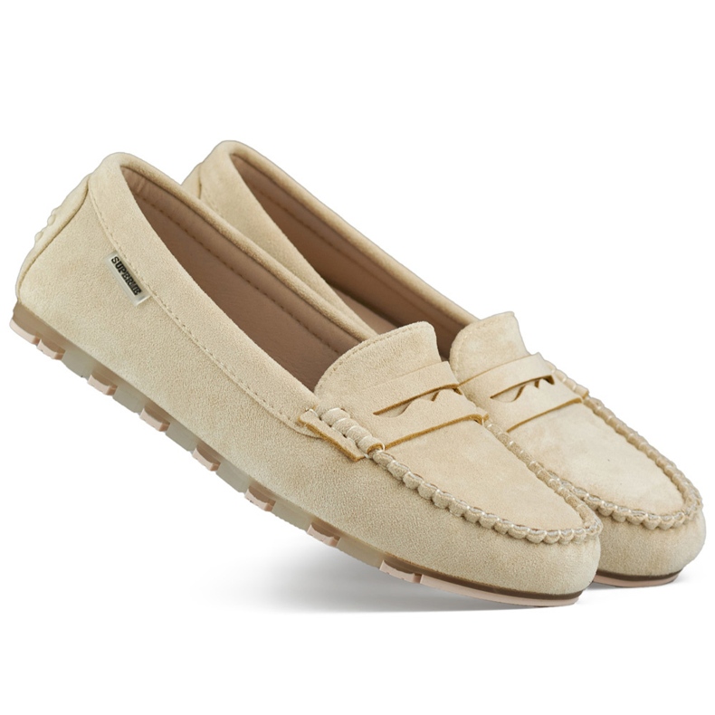 Női bézs velúr mokaszinok, kényelmes mokaszinok