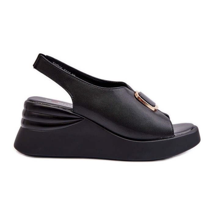 Bőr női ékszandál díszítéssel, fekete Salvania