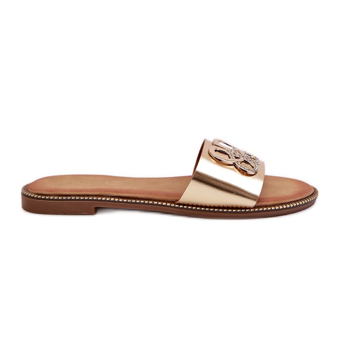 Női papucsok Eco-bőr díszítéssel, lapos sarkon, arany Sadria aranysárga