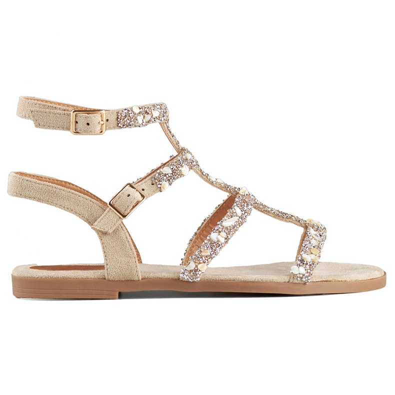 Bézs színű női gladiátor szandál díszkövekkel