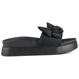 Fekete női papucs masnival, vastag talpon