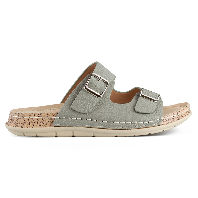 Kényelmes szürke női papucs két csattal és bőr talpbetéttel