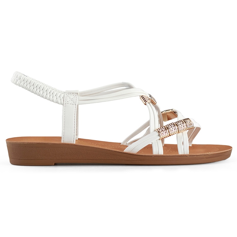 Női szandál gumiszalaggal, arany díszítéssel fehér